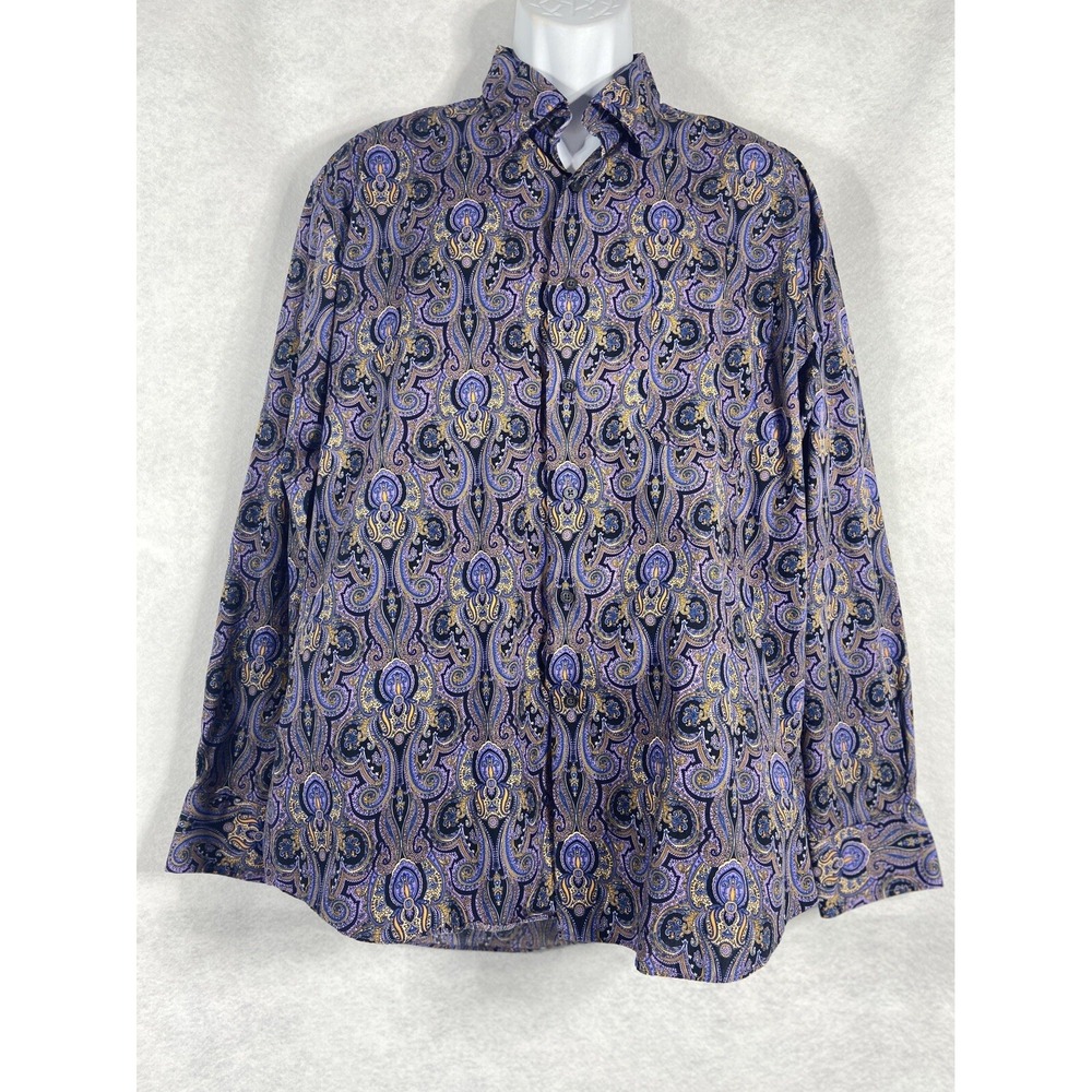 Alan Flusser Shirt Men's XL Purple‎ Yellow Paisley Button Up Long Sleeves